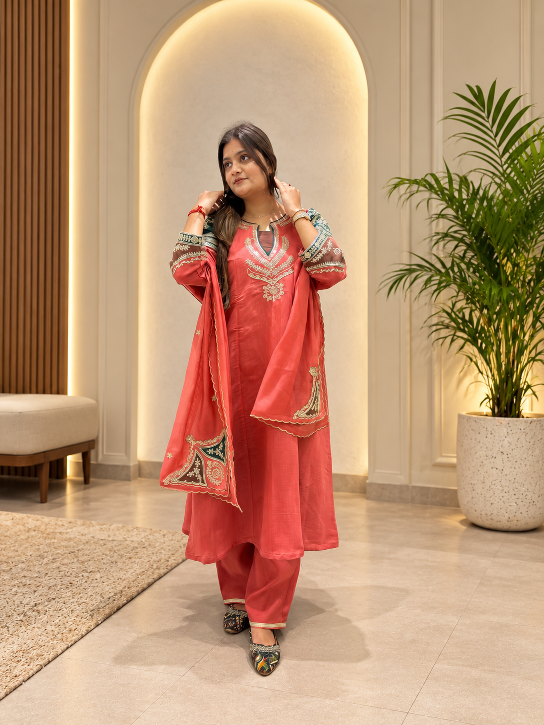 Charming Coral Embroidered Suit Set