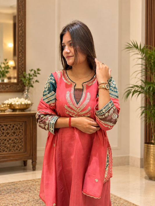 Charming Coral Embroidered Suit Set