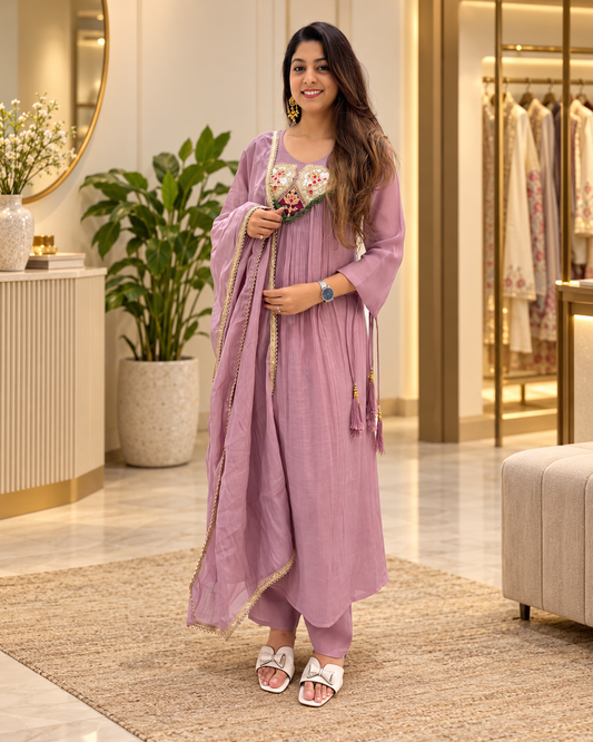 Graceful Mauve Embroidered Anarkali Suit Set