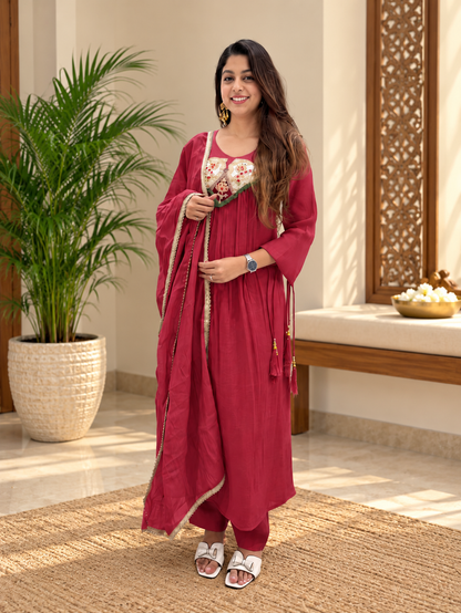 Radiant Deep Rose Embroidered Anarkali Suit Set