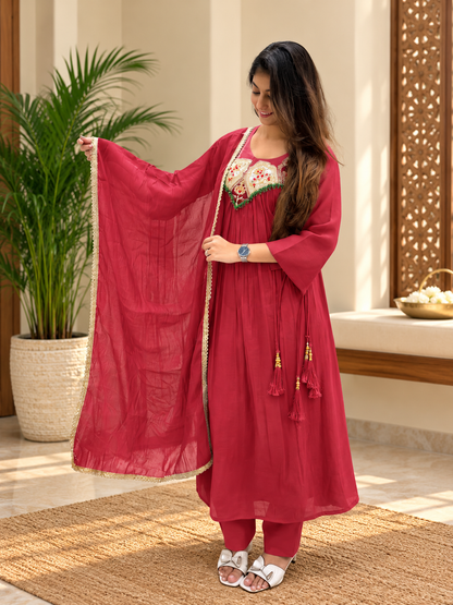 Radiant Deep Rose Embroidered Anarkali Suit Set