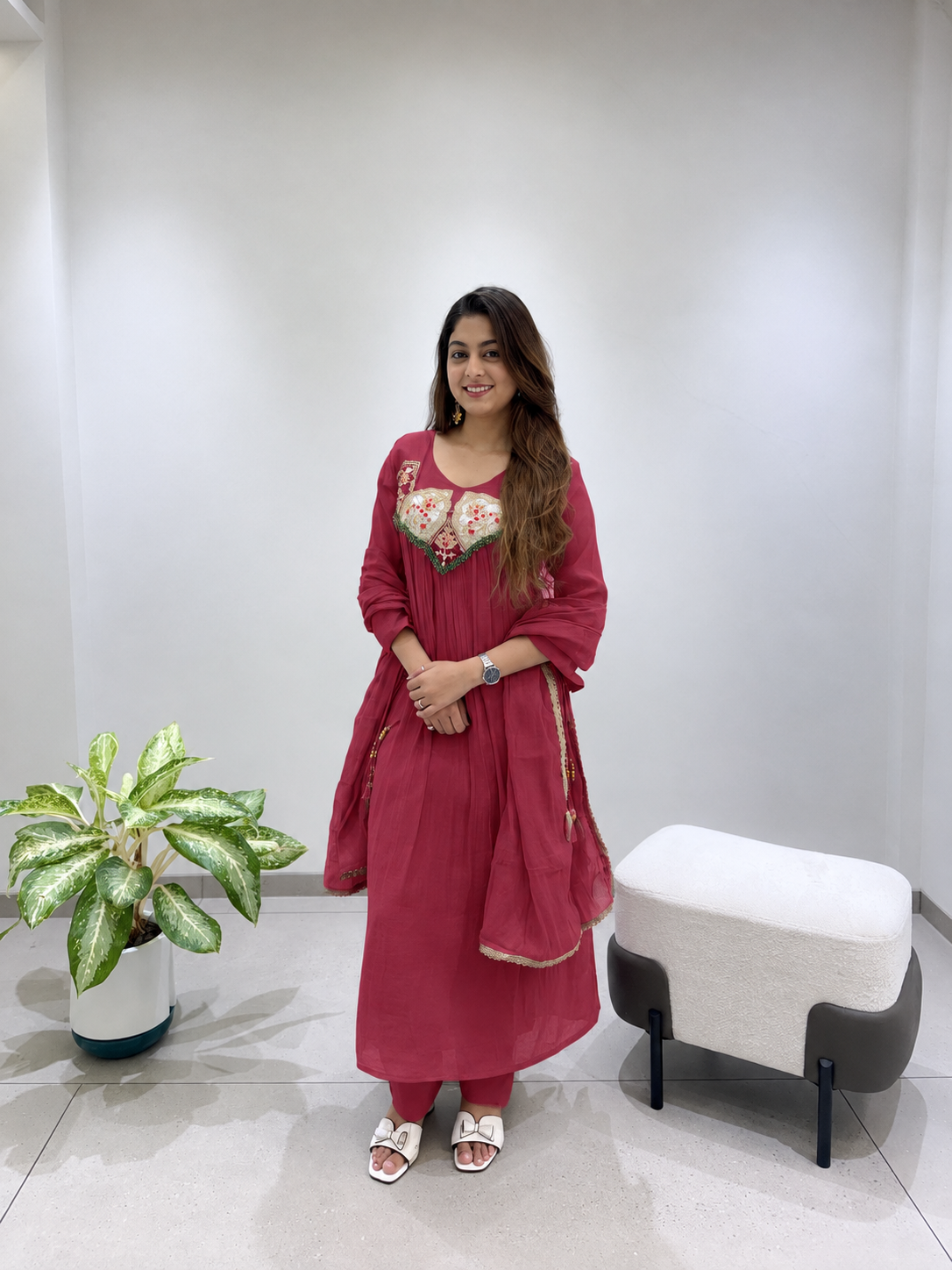 Radiant Deep Rose Embroidered Anarkali Suit Set