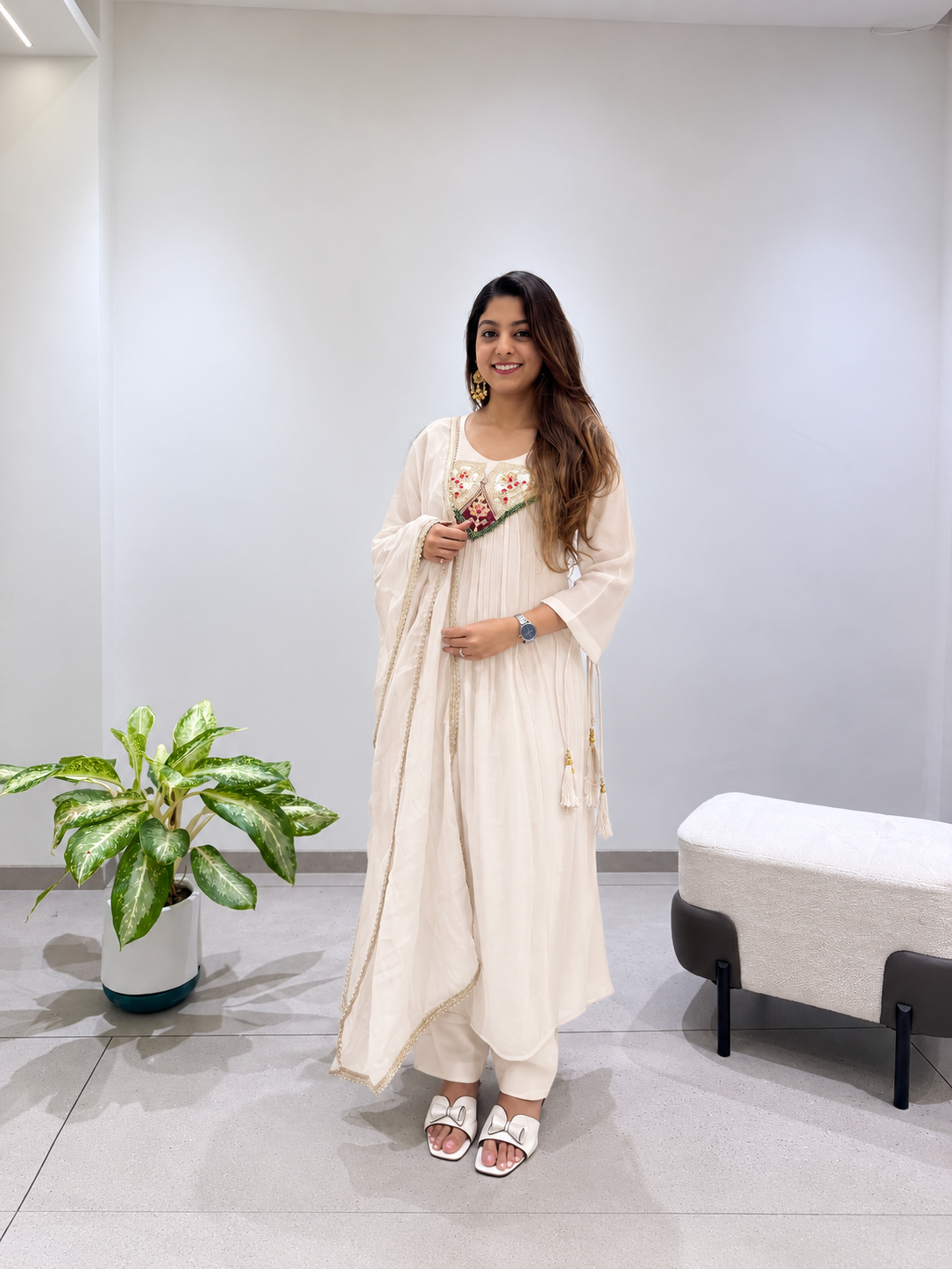 Graceful Off-White Embroidered Anarkali Suit Set