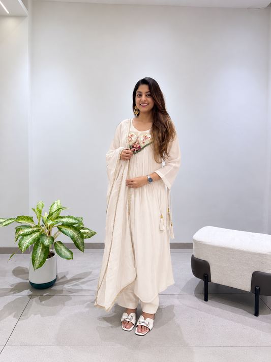 Graceful Off-White Embroidered Anarkali Suit Set