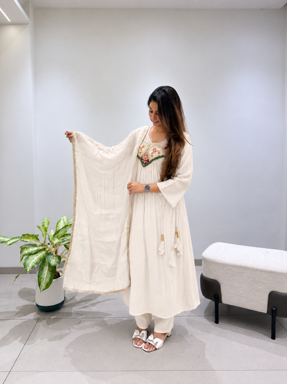 Graceful Off-White Embroidered Anarkali Suit Set