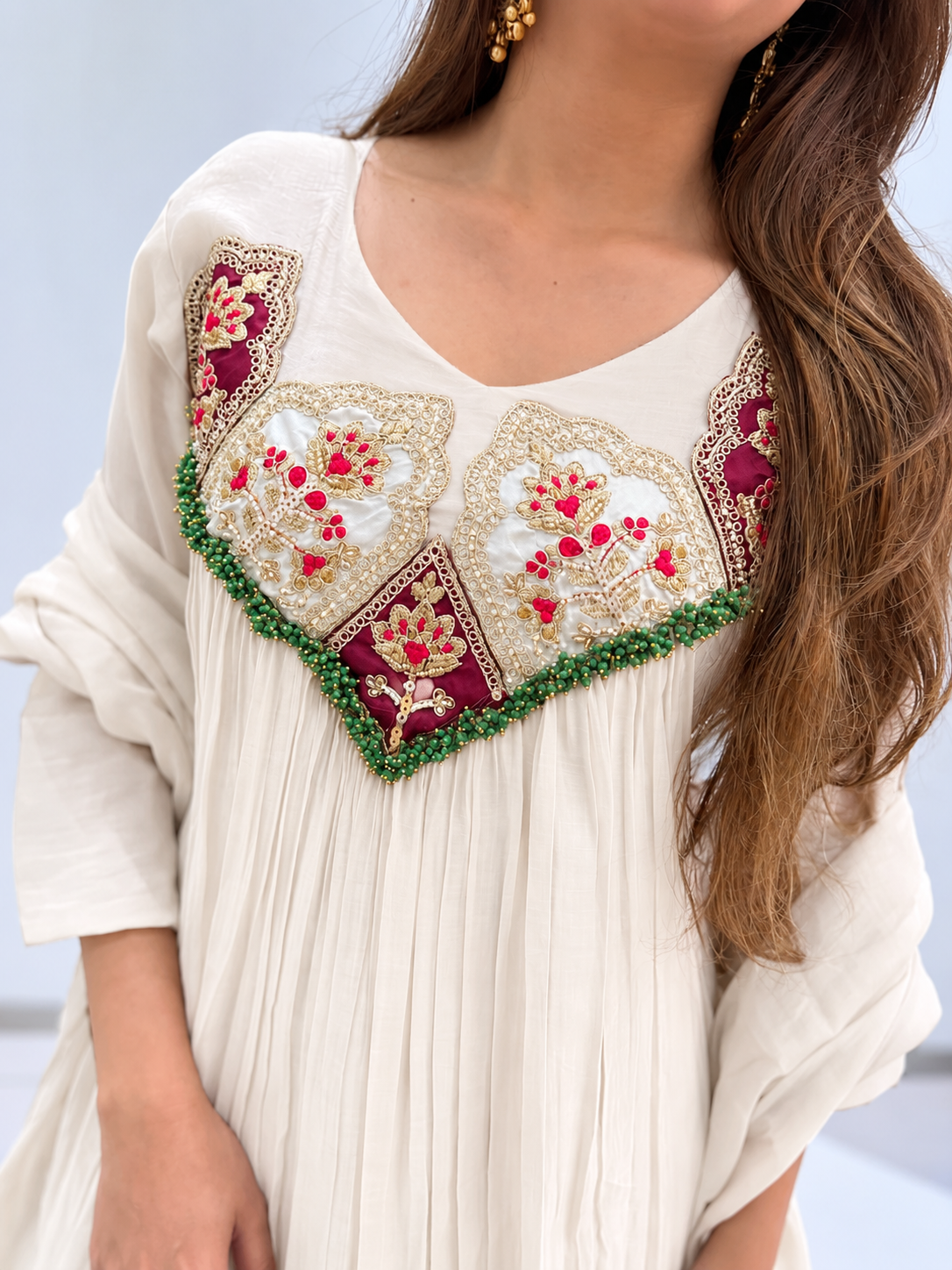 Graceful Off-White Embroidered Anarkali Suit Set