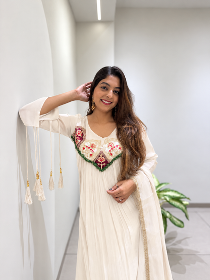 Graceful Off-White Embroidered Anarkali Suit Set
