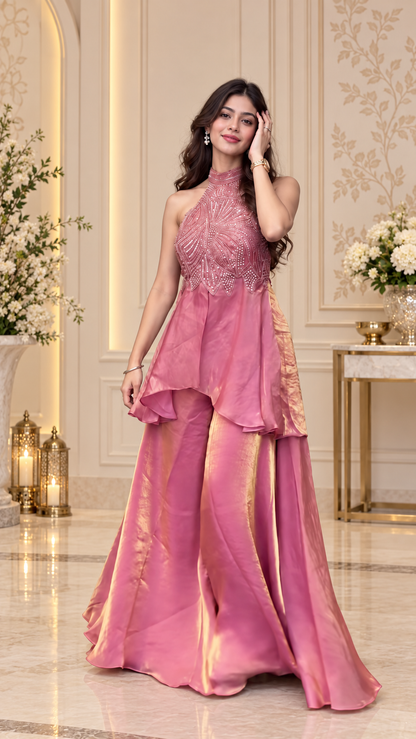 Rose Pink Embellished Fusion Sharara Set