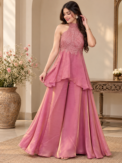 Rose Pink Embellished Fusion Sharara Set