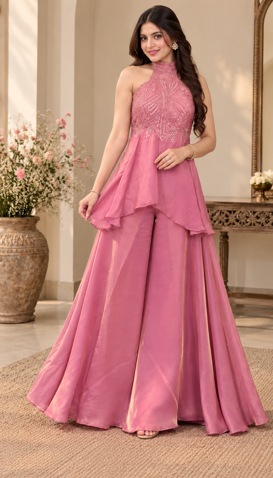 Rose Pink Embellished Fusion Sharara Set