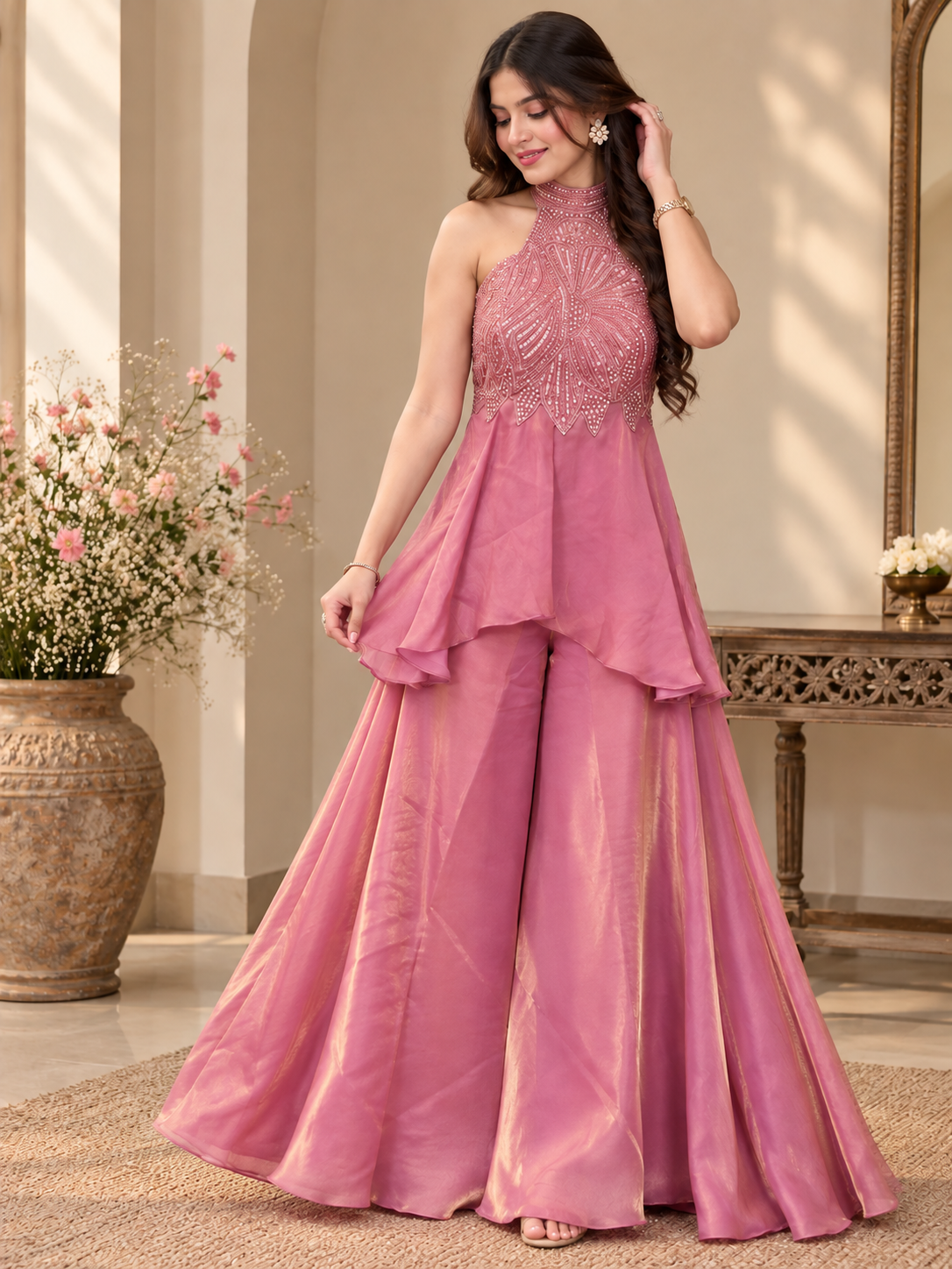 Rose Pink Embellished Fusion Sharara Set
