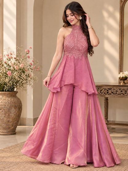 Rose Pink Embellished Fusion Sharara Set