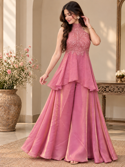 Rose Pink Embellished Fusion Sharara Set
