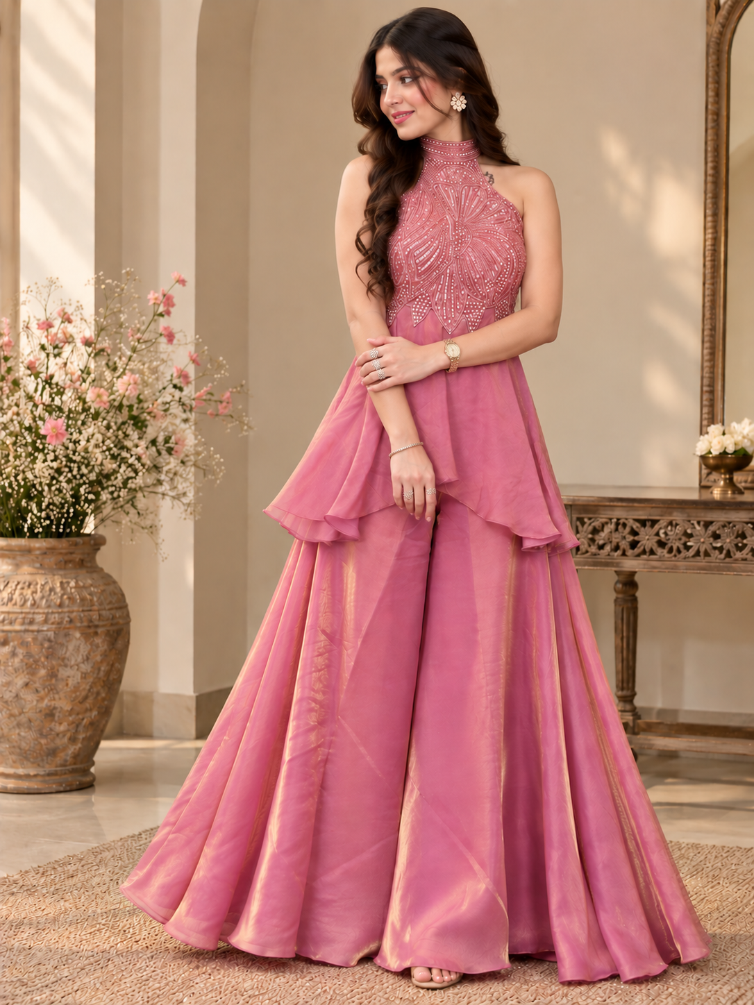 Rose Pink Embellished Fusion Sharara Set