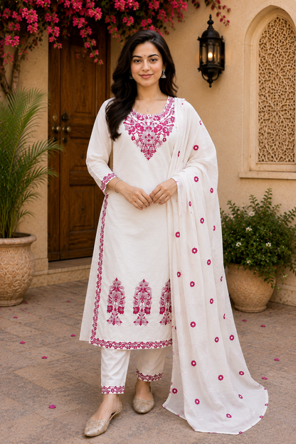 Pretty White Embroidered Cotton Suit Set