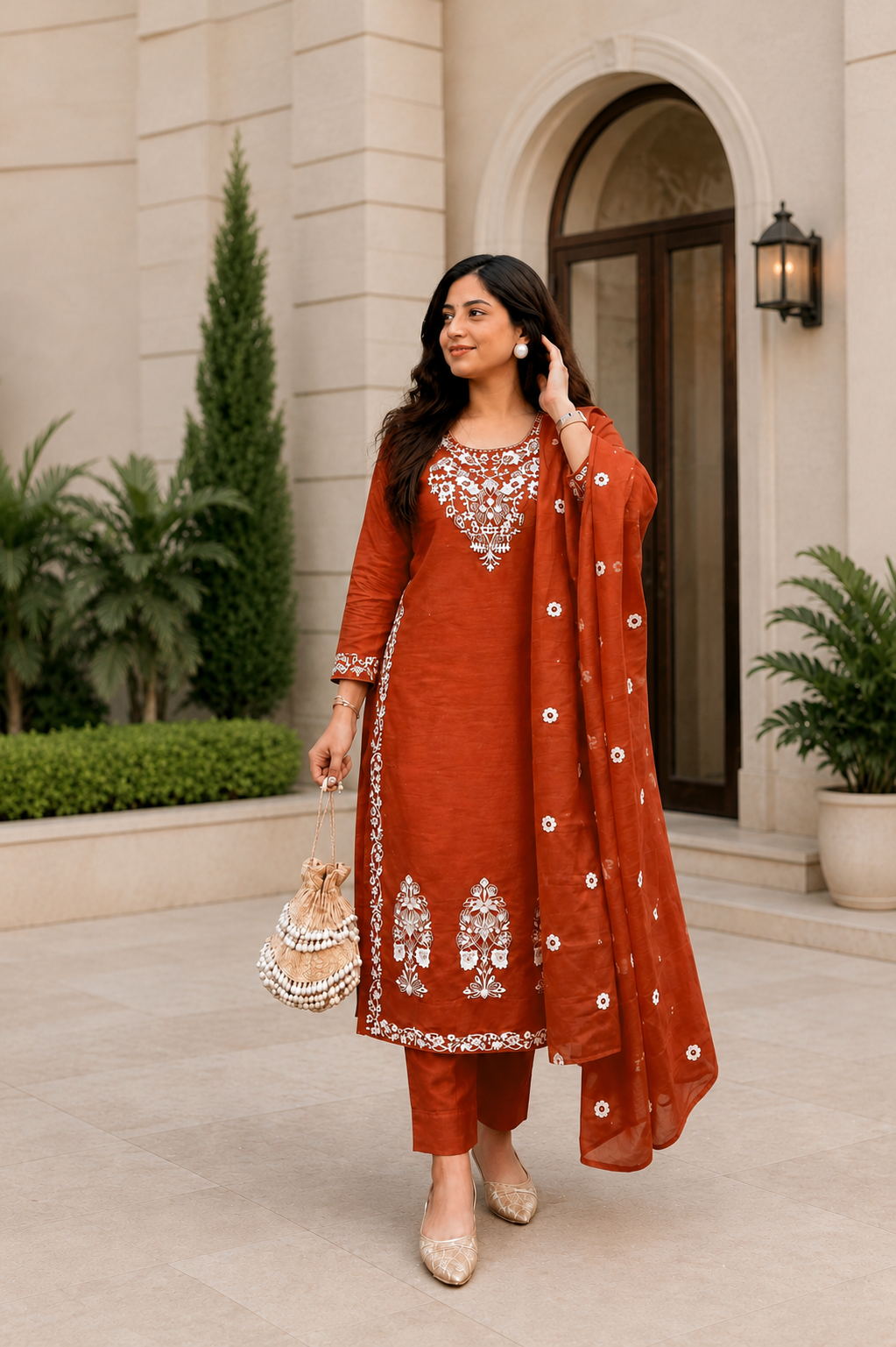 Rust Charm Embroidered Cotton Suit Set