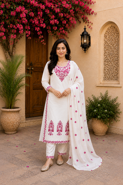 Pretty White Embroidered Cotton Suit Set