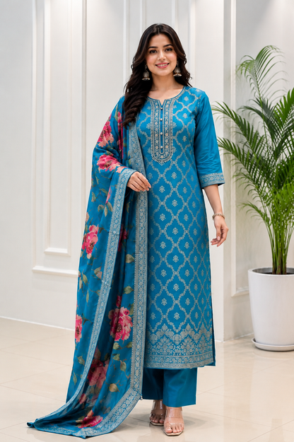 Royal  Banarasi Silk Embroidered Kurta Pant Set with Floral Printed Dupatta