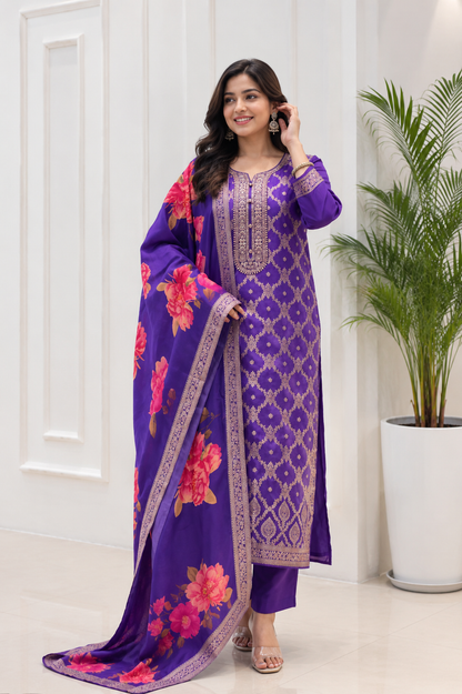 Beautiful Purple Banarasi Silk Woven Kurta Pant Set with Floral Printed Dupatta