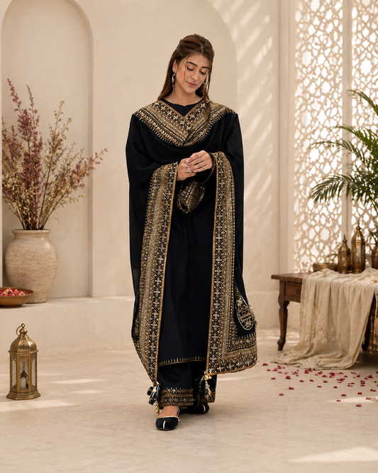Royal Noir Embroidered Premium Pure Cotton Suit Set with Heavy Traditional Dupatta