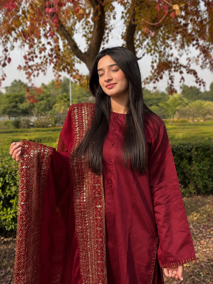 Majestic Maroon Premium Pure Cotton Embroidered Suit Set with Heavy Designer Dupatta