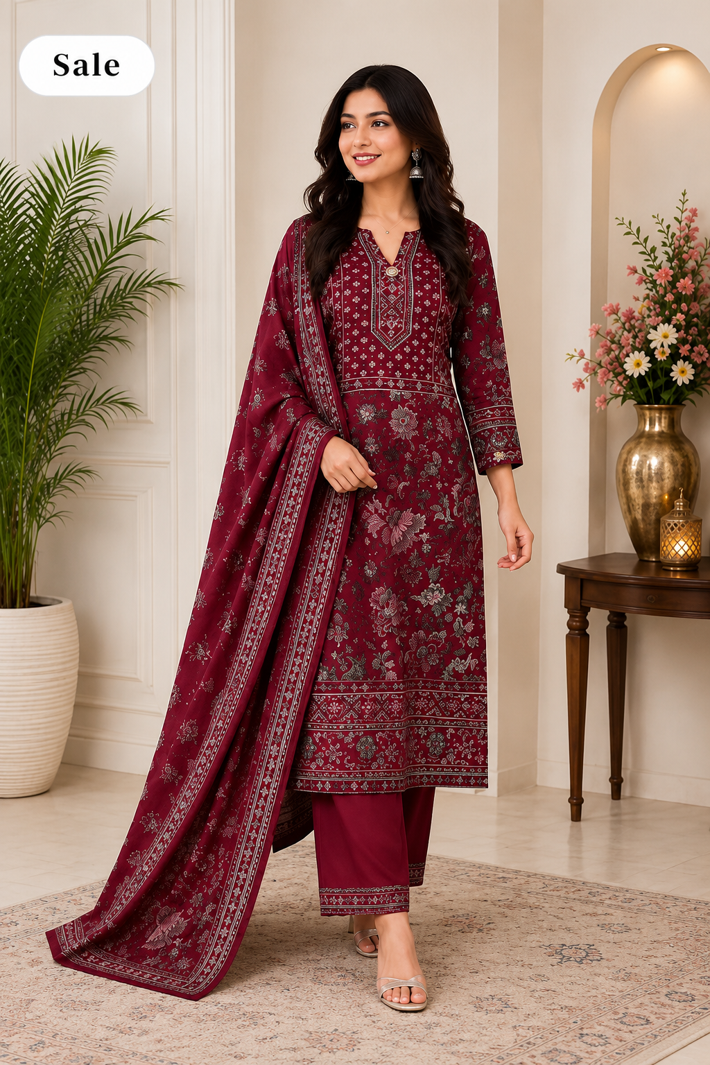 Royal Maroon Printed Kurta Pant with Dupatta Set