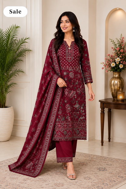 Royal Maroon Printed Kurta Pant with Dupatta Set