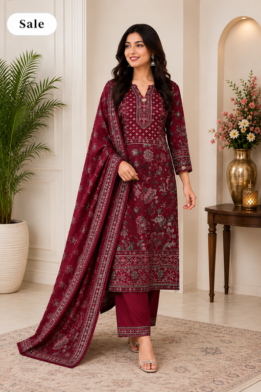 Royal Maroon Printed Kurta Pant with Dupatta Set
