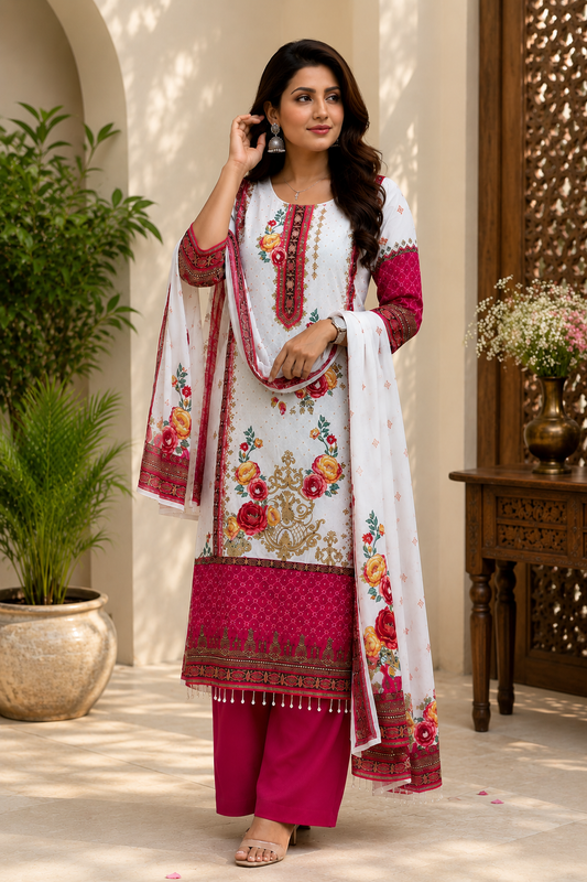 Elegant Women's White Floral Printed Kurta Pant & Dupatta Set