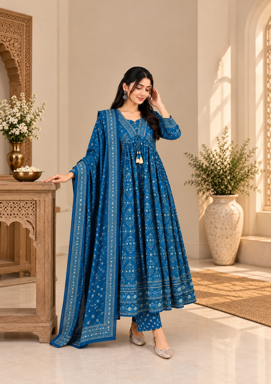 Gorgeous Royal Blue Printed Anarkali Suit Set