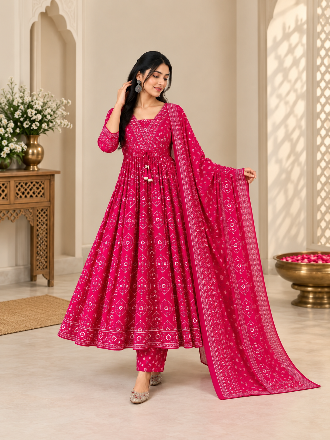 Rani Pink Printed Anarkali Pant Dupatta Set