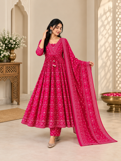 Rani Pink Printed Anarkali Pant Dupatta Set