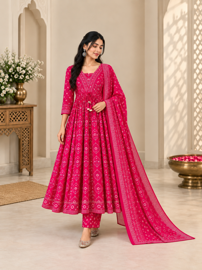 Rani Pink Printed Anarkali Pant Dupatta Set