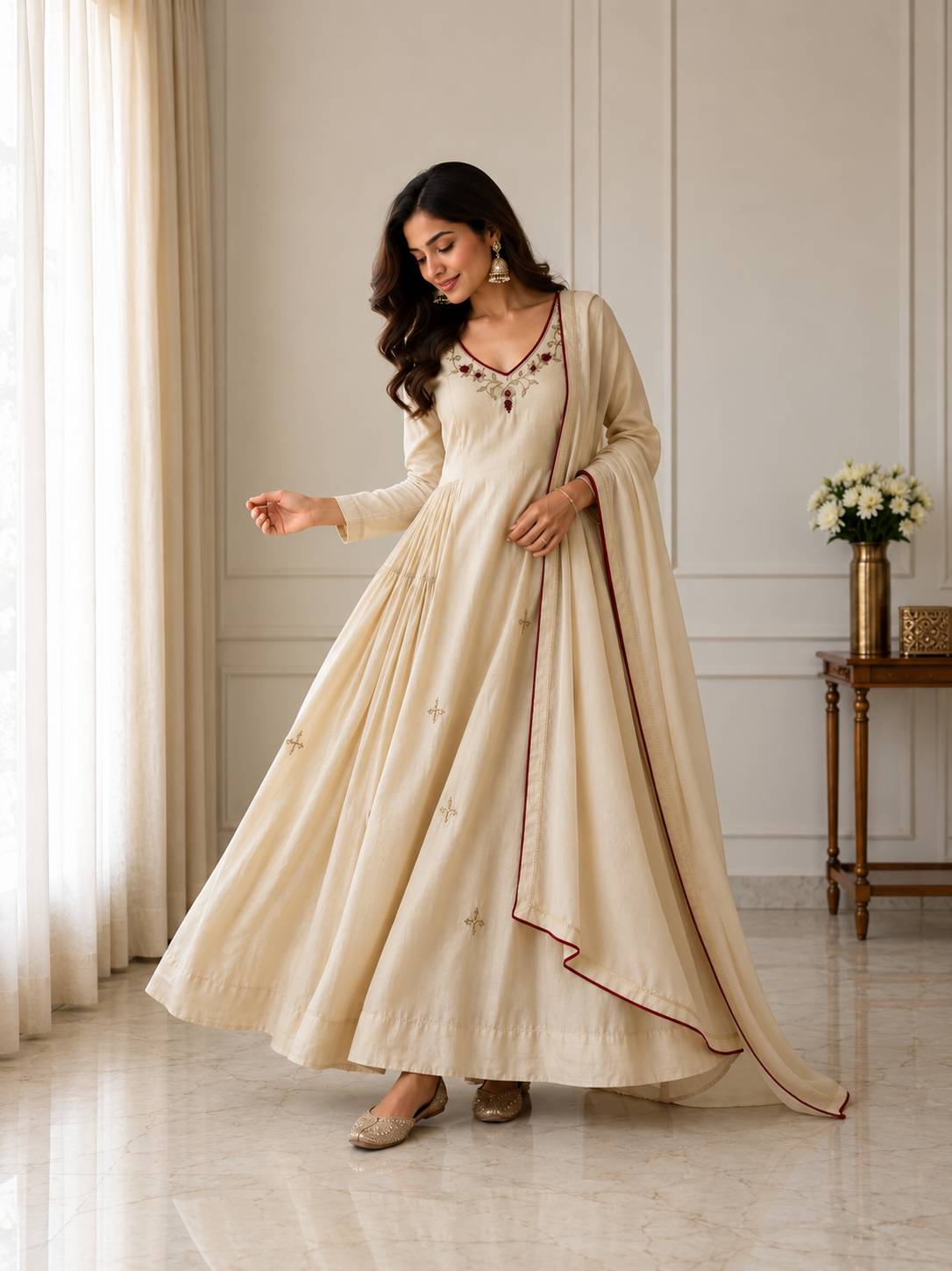 Cream Elegance Embroidered Flared Anarkali Set