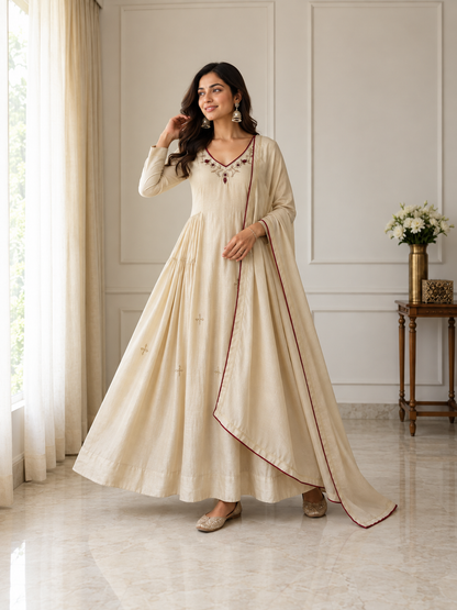 Cream Elegance Embroidered Flared Anarkali Set