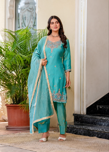 Elegant Aqua Blue Embroidered Suit Set