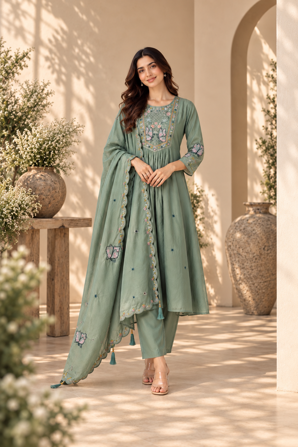 Sage Bloom Embroidered Anarkali Pant Dupatta Set