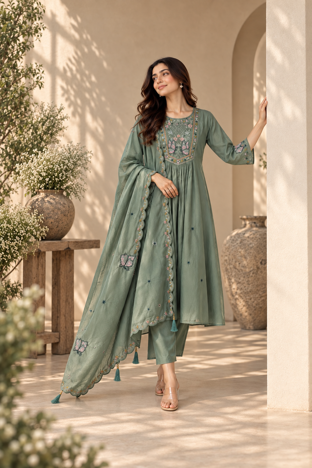 Sage Bloom Embroidered Anarkali Pant Dupatta Set