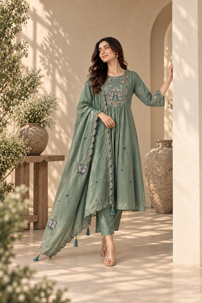 Sage Bloom Embroidered Anarkali Pant Dupatta Set