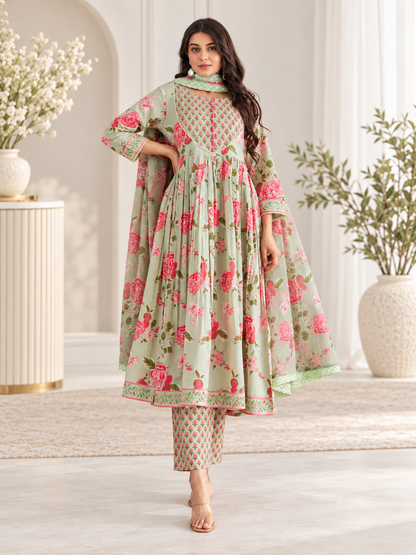 Mint Rose Printed Flared Kurta Pant Set