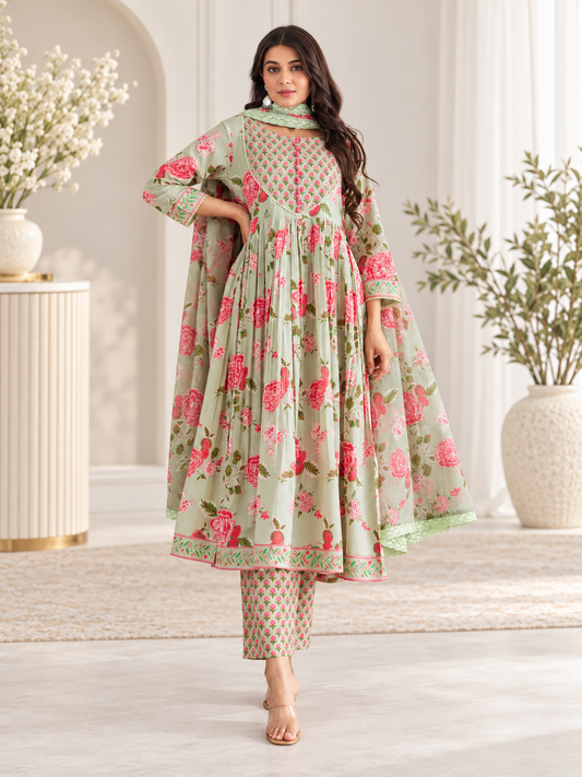 Mint Rose Printed Flared Kurta Pant Set