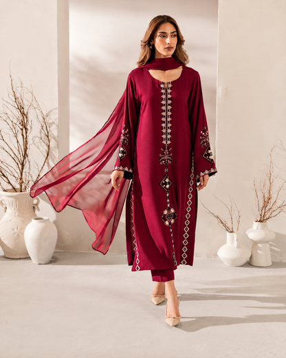 Wine Maroon Embroidered Straight Kurta Pant Dupatta Set