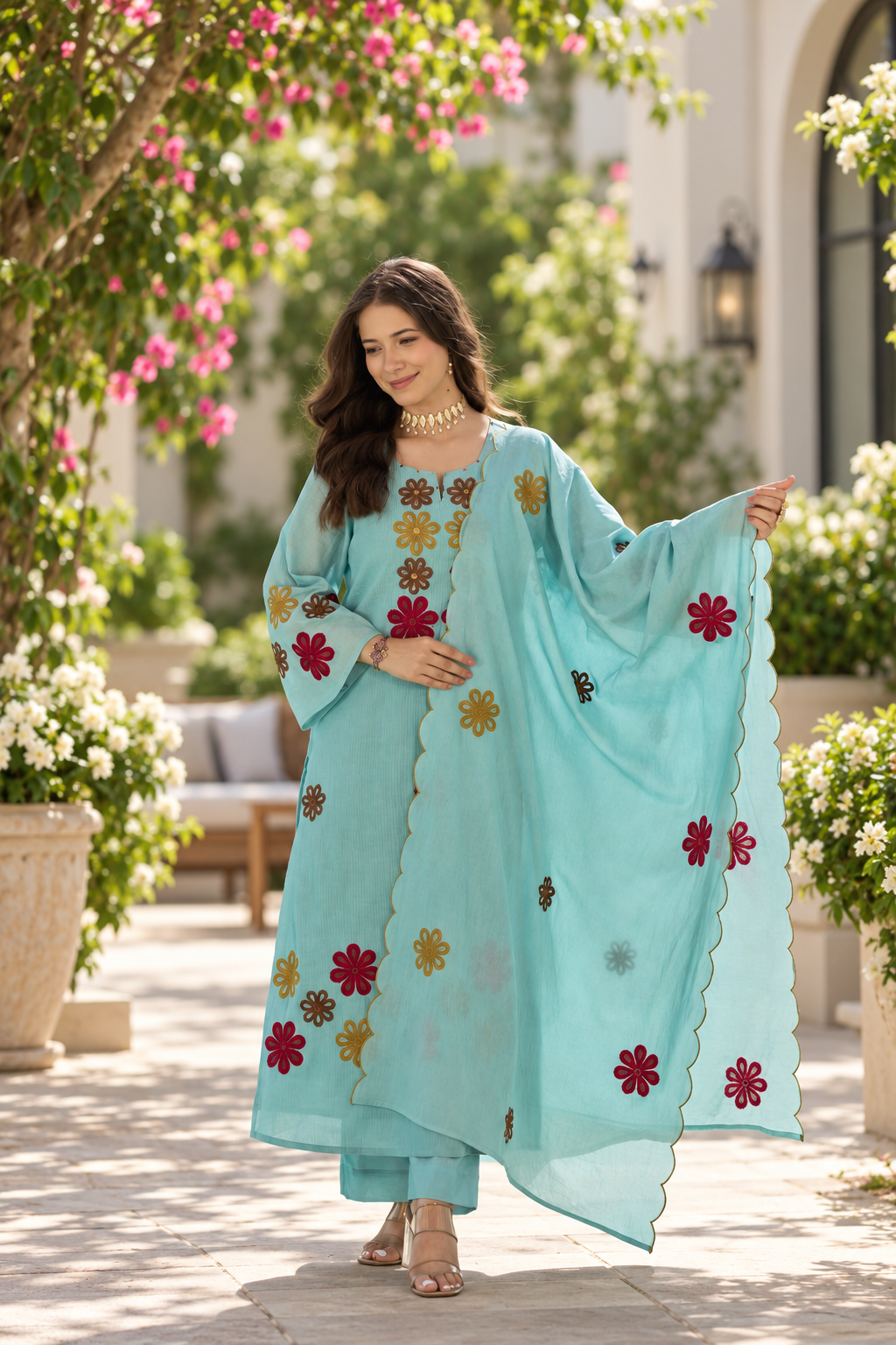 Pretty Aqua Embroidered Suit Set