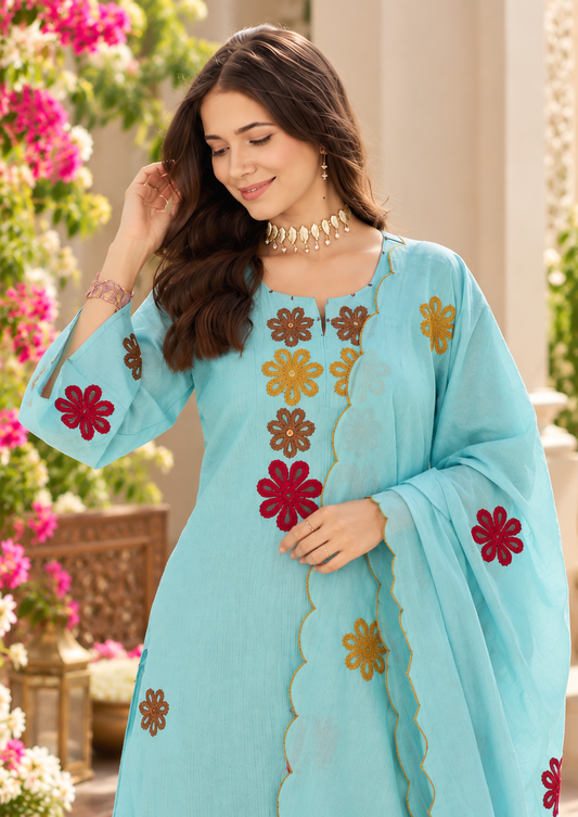 Pretty Aqua Embroidered Suit Set