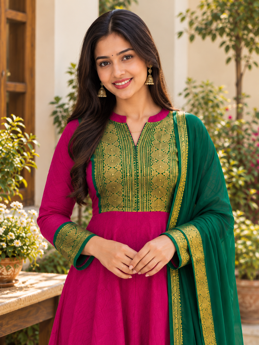 Beautiful Rani Pink Green Anarkali Suit Set