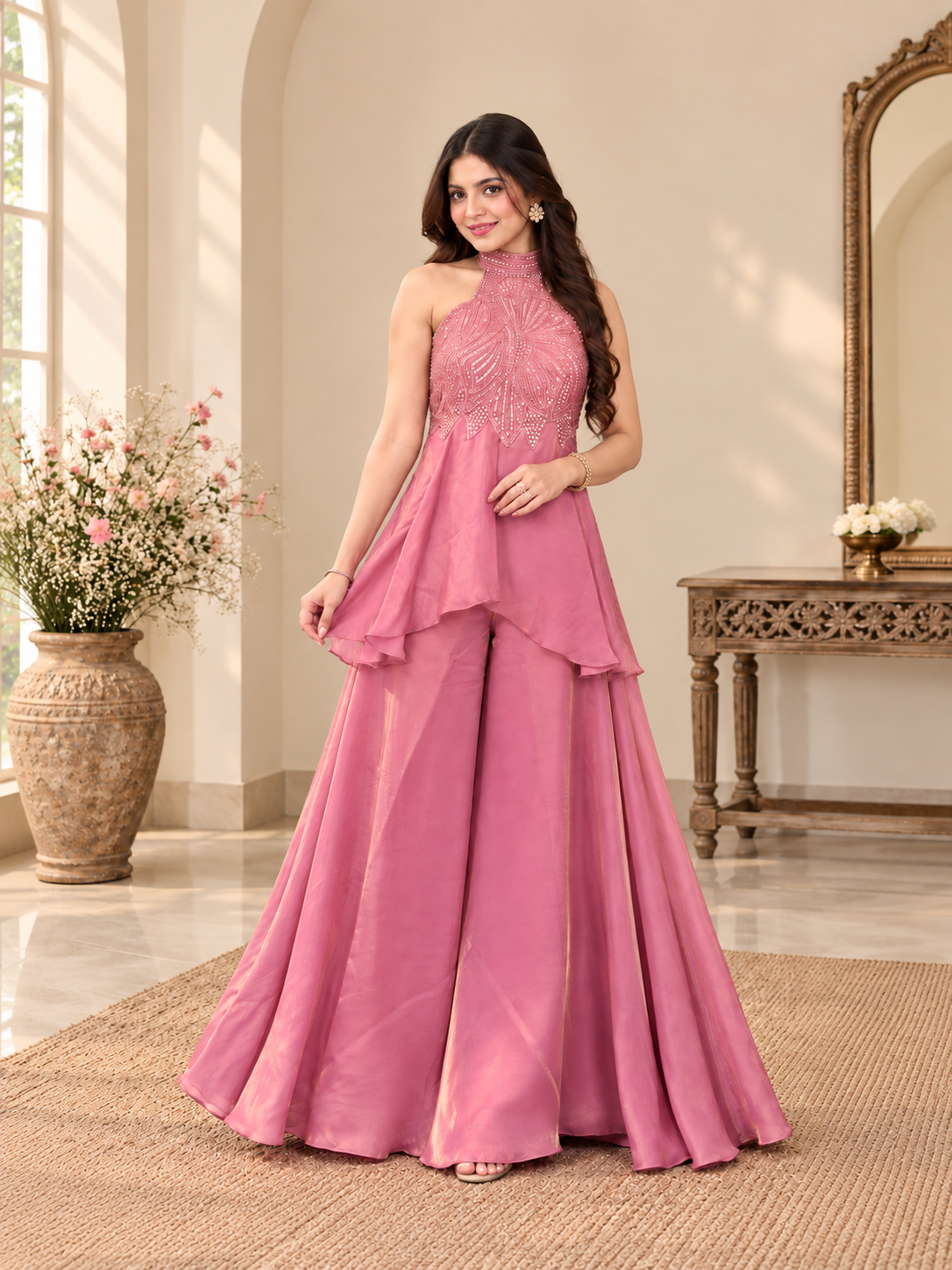 Rose Pink Embellished Fusion Sharara Set
