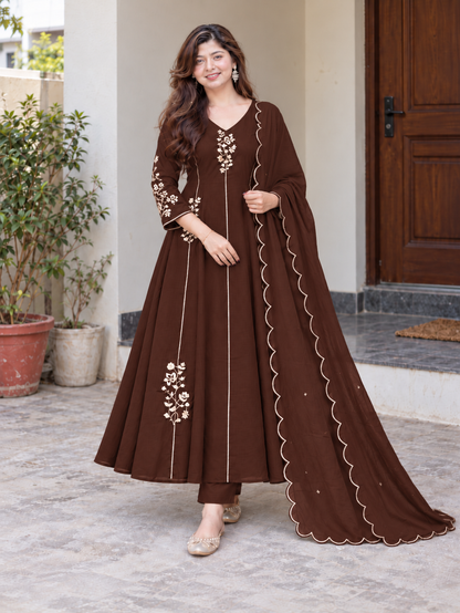 Elegant Mocha Brown Floral Embroidered Anarkali Suit Set
