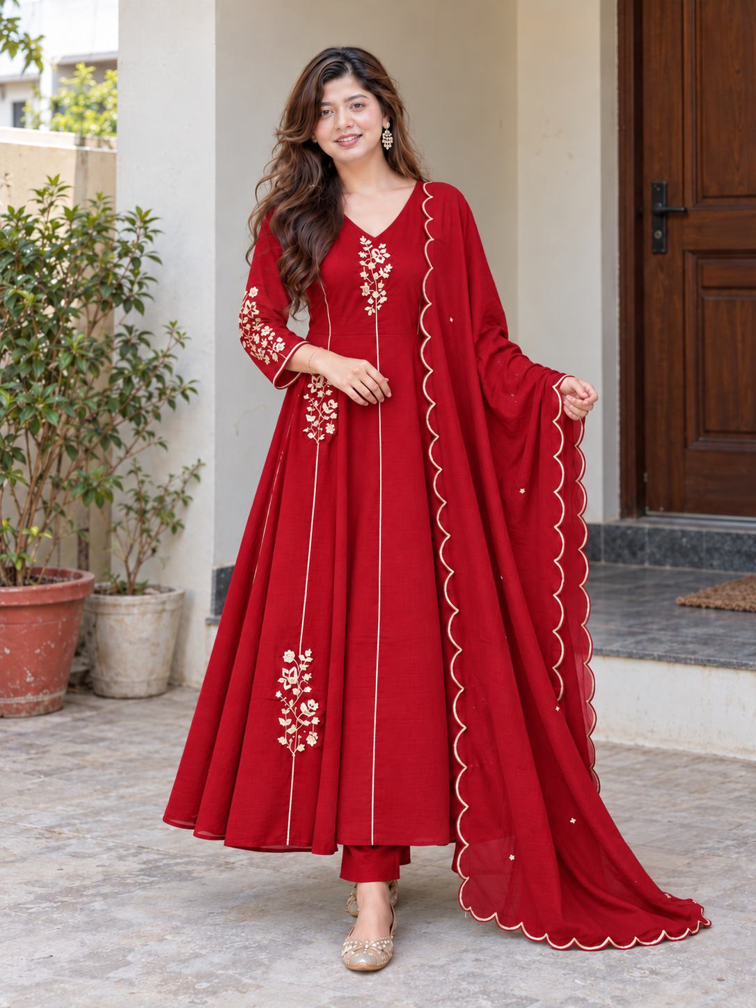 Charming Ruby Red Floral Embroidered Anarkali Suit Set