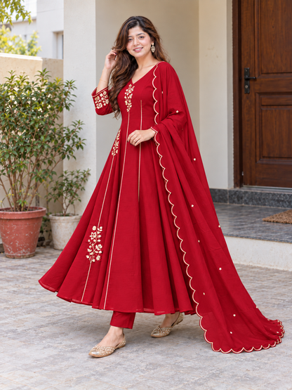 Charming Ruby Red Floral Embroidered Anarkali Suit Set