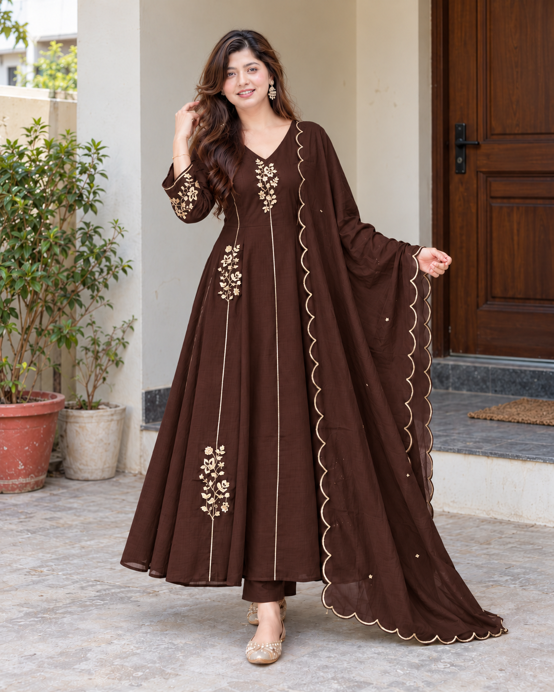 Elegant Mocha Brown Floral Embroidered Anarkali Suit Set